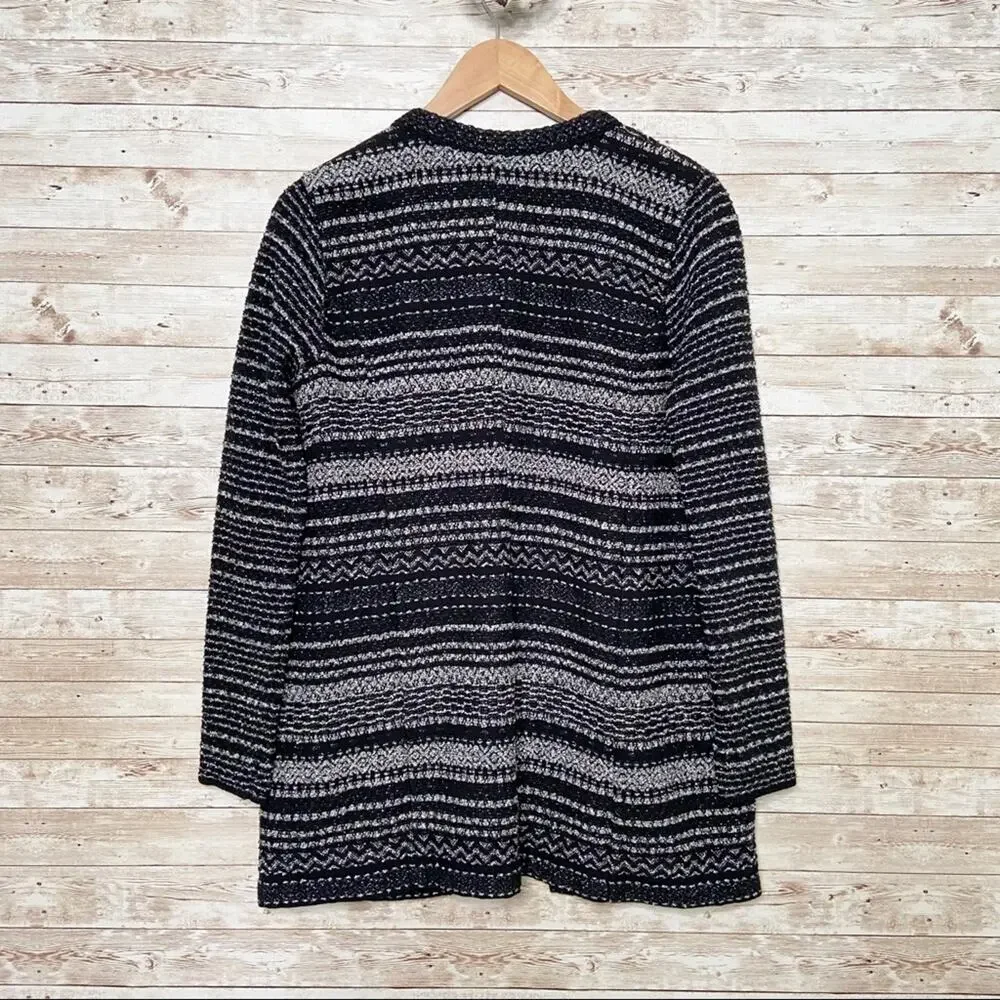 Talbots Tweed Blazer Black Silver Open Front Coat Preppy Work Minimalist Size SP